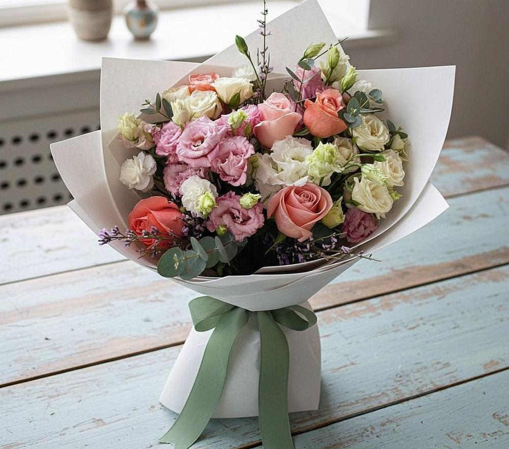 Букет цветов из: Розы, Лизиантусы и Гвоздики в Белорецке