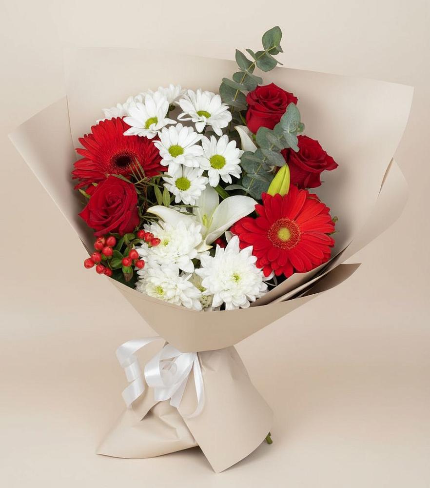 Букет цветов из: Розы, Хризантемы, Герберы и Лилии в Белорецке